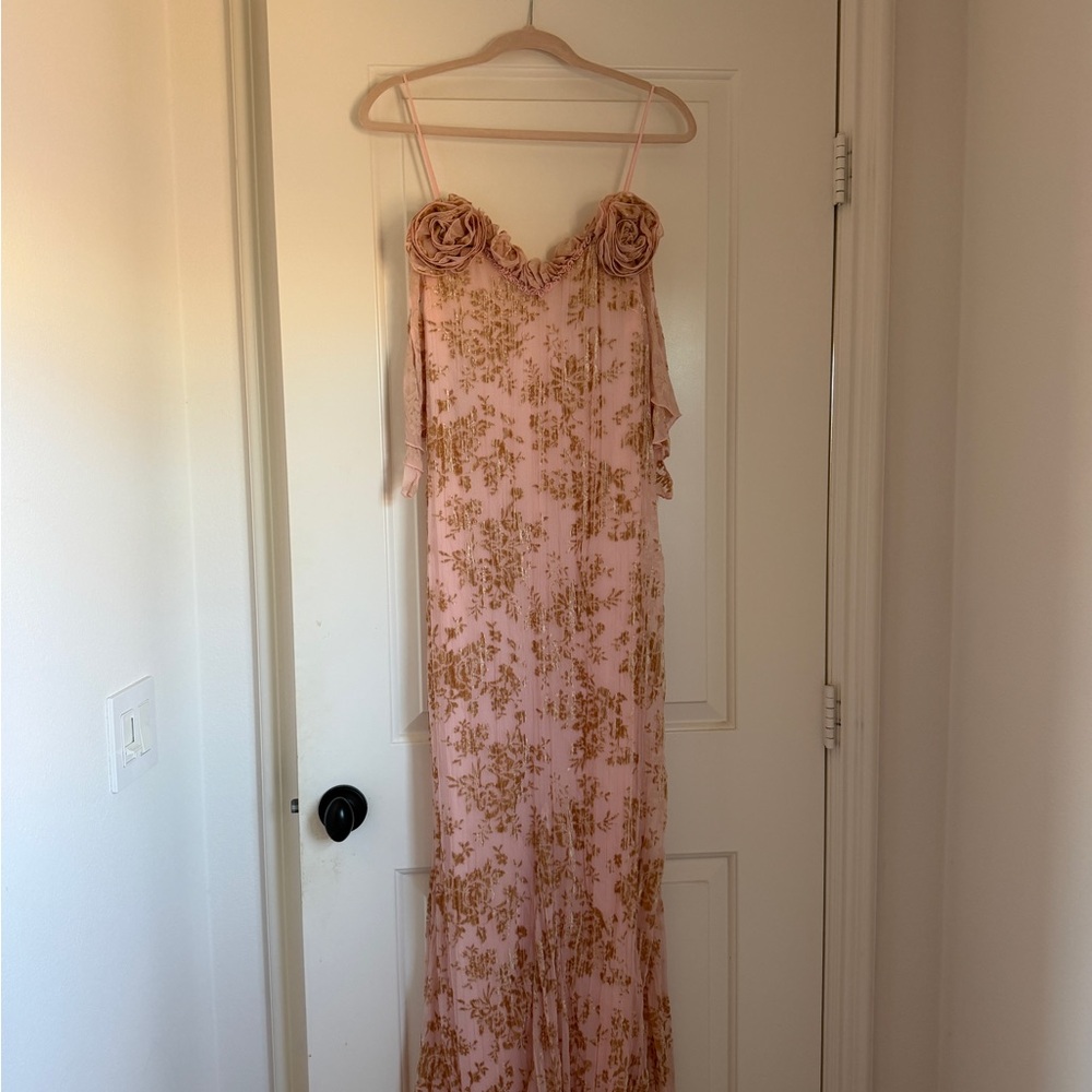 NBD Pink Maxi Dress with Gold Floral Embroidery